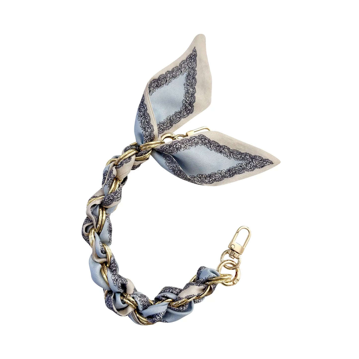 Gold Phone Chain with Scarf Light Blue Denim Print