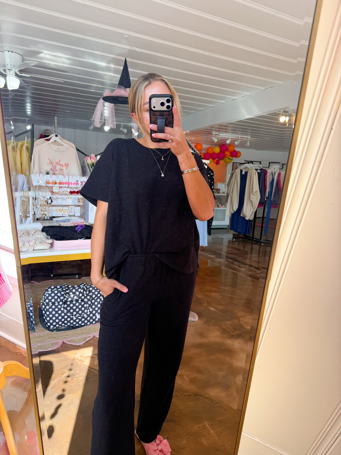 Slub Short Slv Top & Pants Black