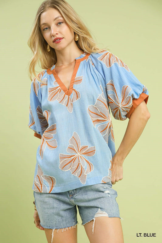 Gemma Blue Embroidered Top
