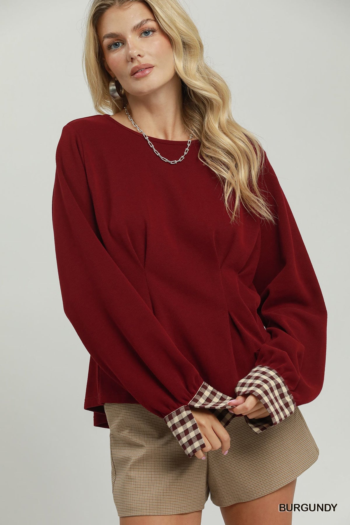 Gia Burgundy Gingham Cuff Top