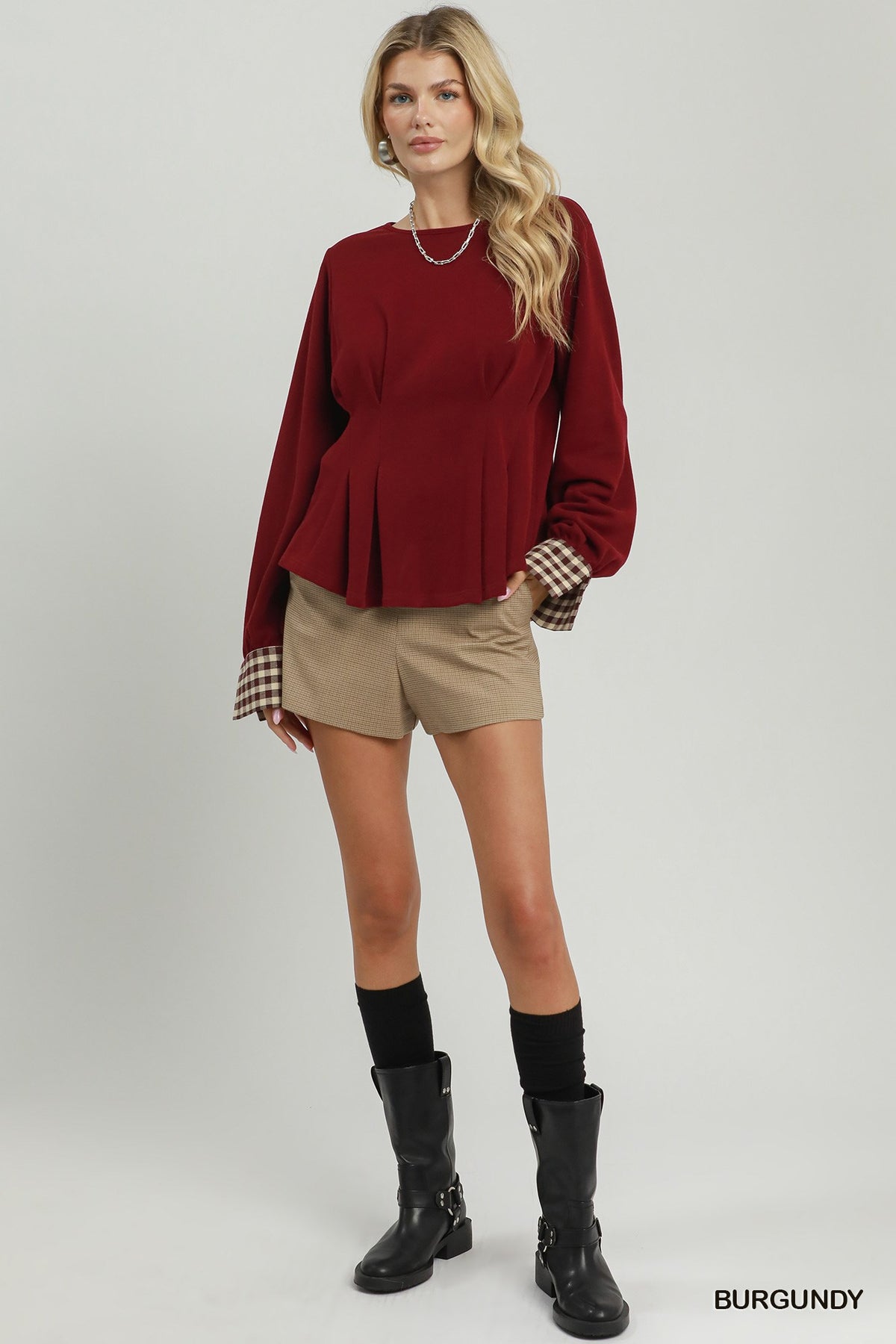 Gia Burgundy Gingham Cuff Top