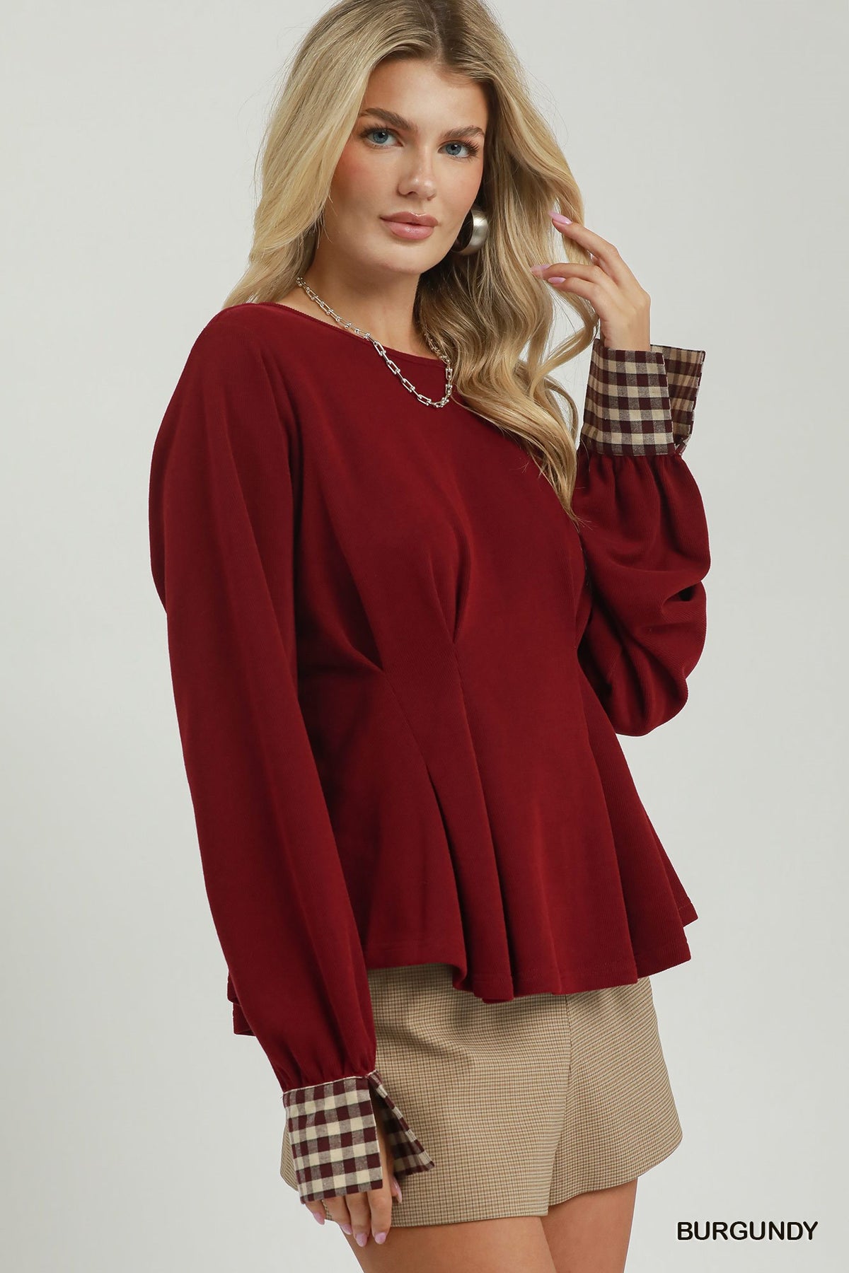 Gia Burgundy Gingham Cuff Top