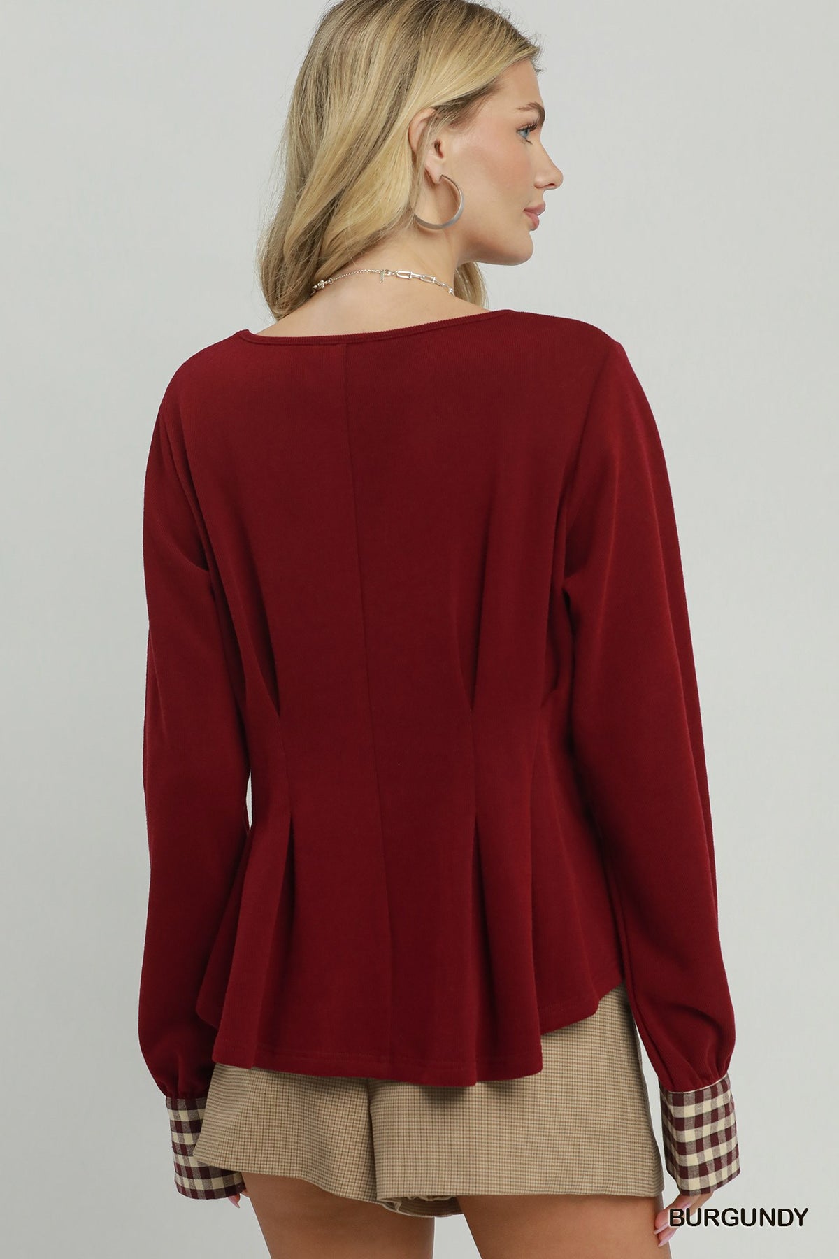 Gia Burgundy Gingham Cuff Top