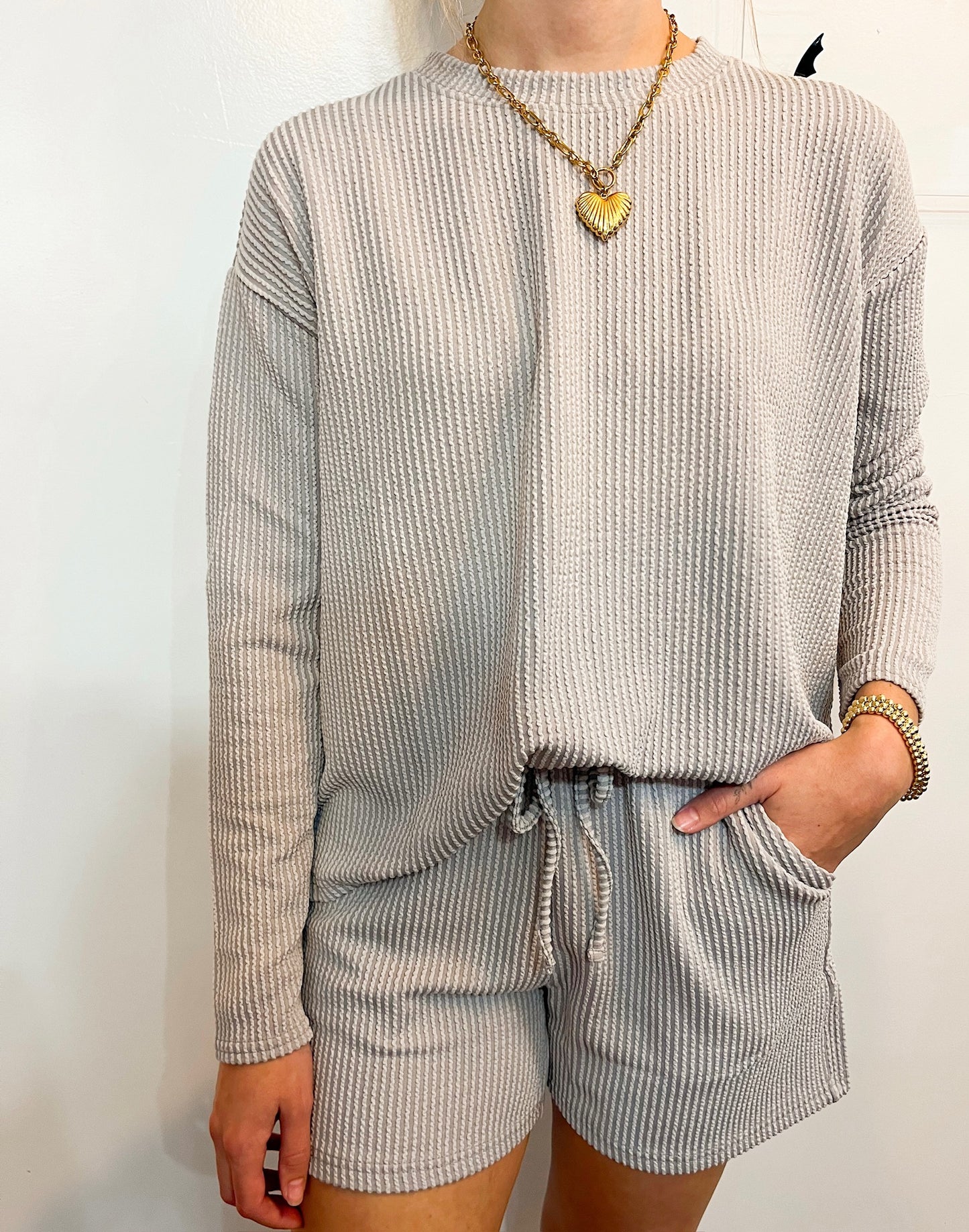 Rib Long Sleeve Tee & Shorts Set Silver