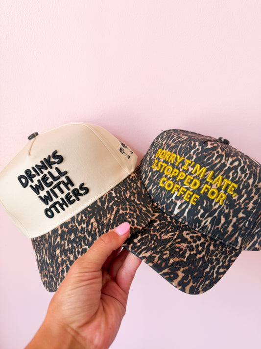 Sorry I'm Late, I Stopped for Coffee - Luxe Leopard Trucker Hat