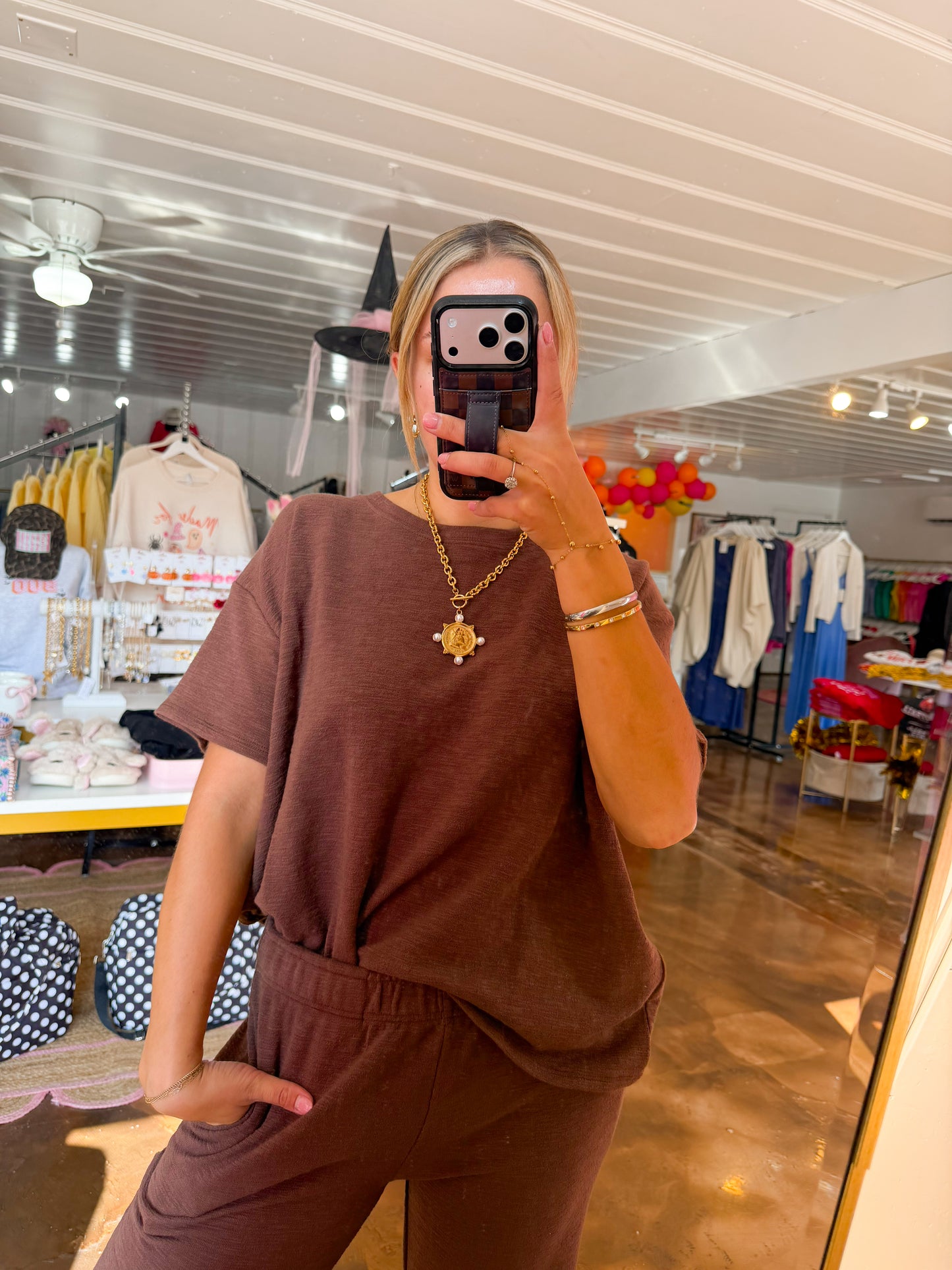 Slub Short Slv Top & Pants Brown