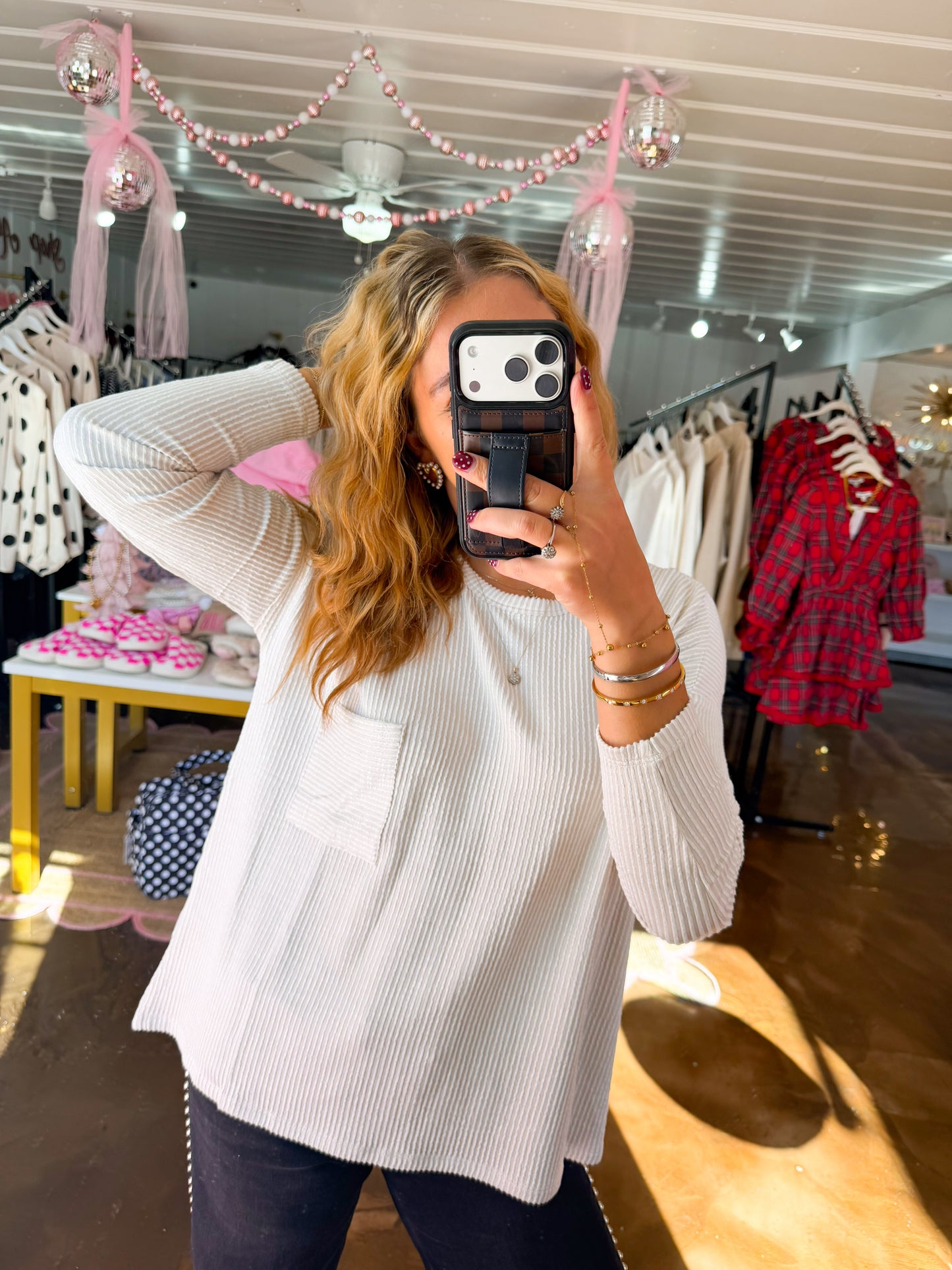 Ribbed Long Sleeve Top Sand Beige