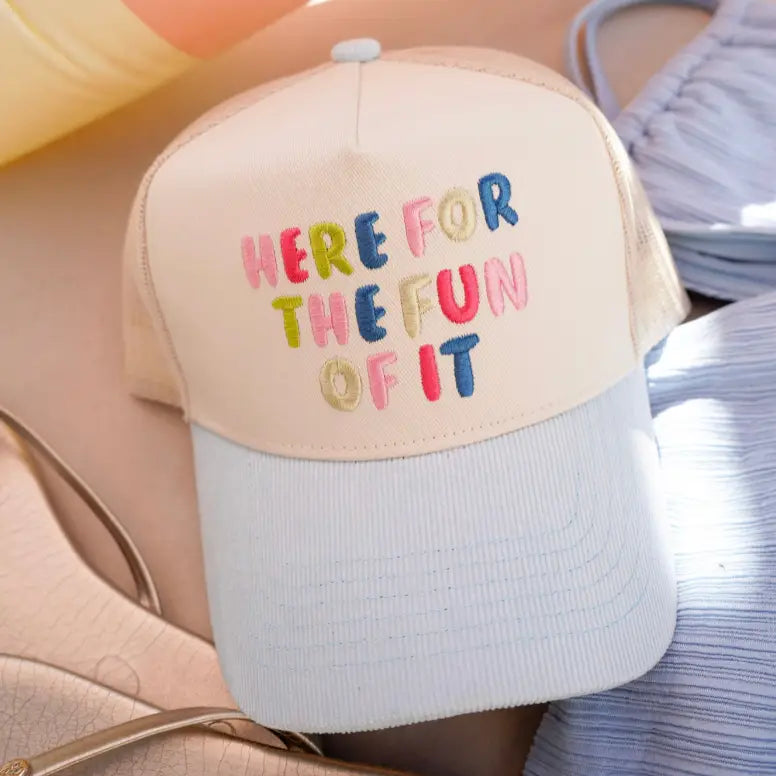Here For the Fun of It - Baby Blue Corduroy Trucker Hat