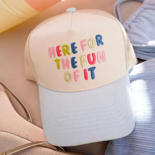 Here For the Fun of It - Baby Blue Corduroy Trucker Hat