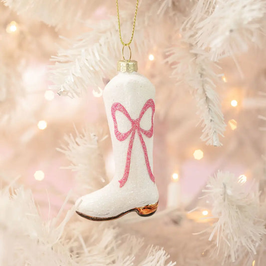 Cowboy Boot Christmas Ornament with Glitter Pink Bow