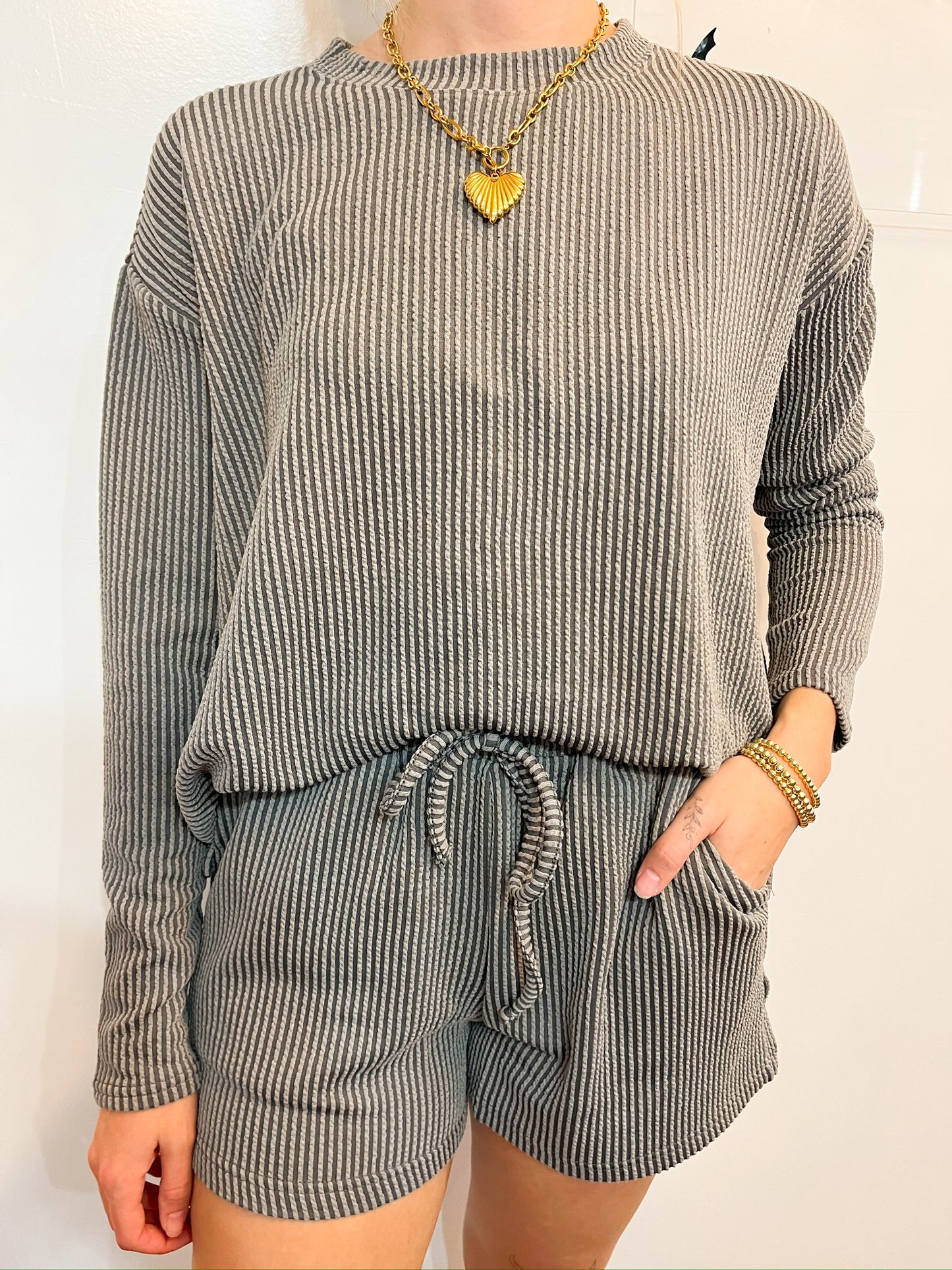 Rib Long Sleeve Tee & Shorts Set Grey