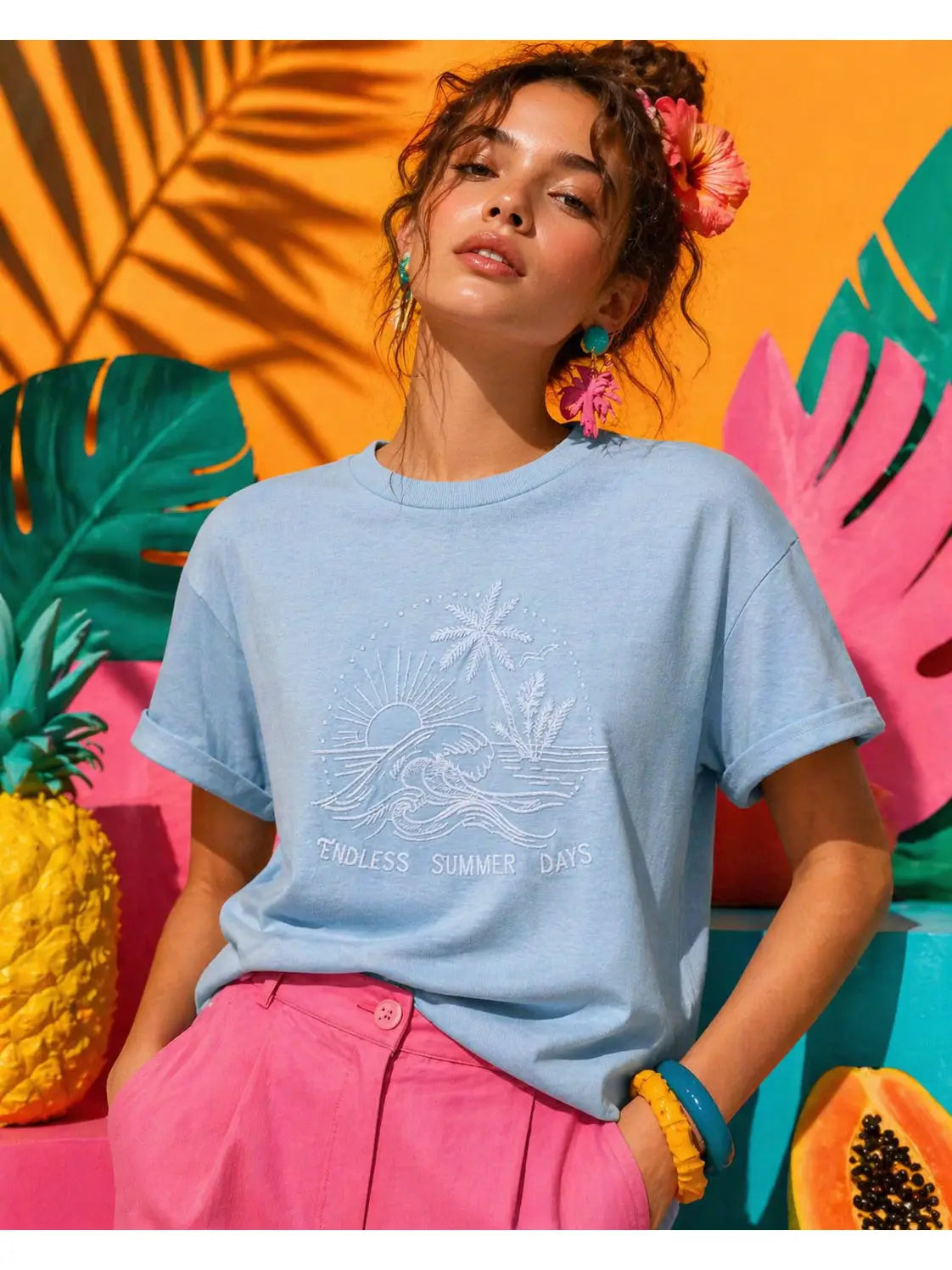 Endless Summer Days Embroidered Blue T-Shirt