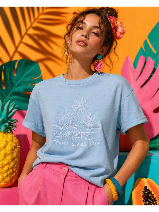 Endless Summer Days Embroidered Blue T-Shirt
