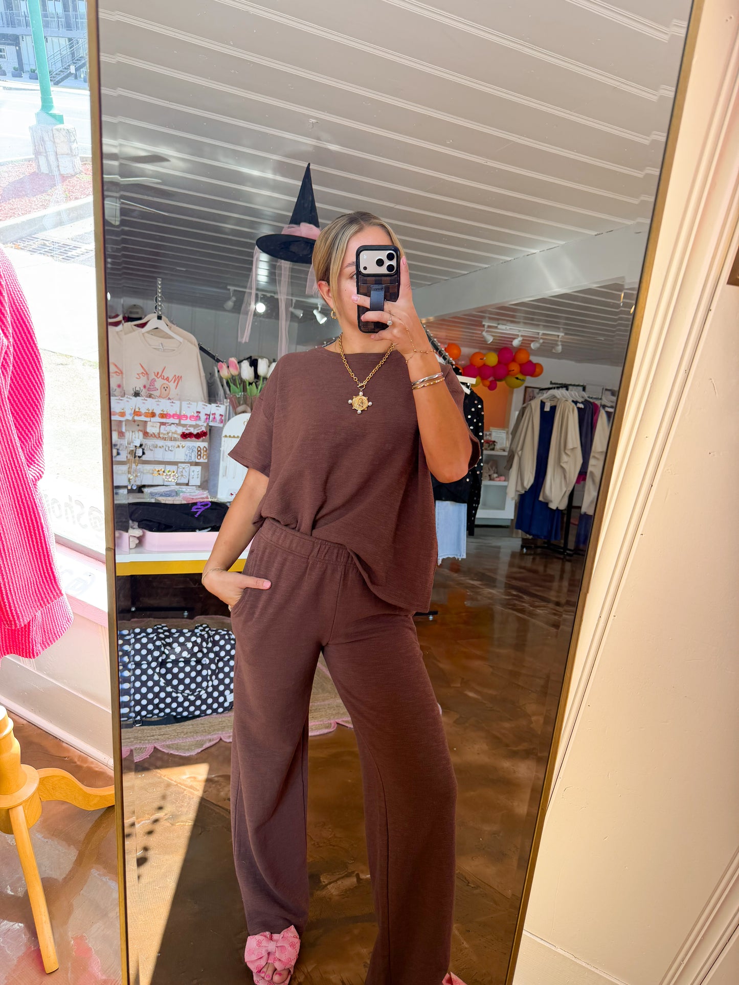 Slub Short Slv Top & Pants Brown