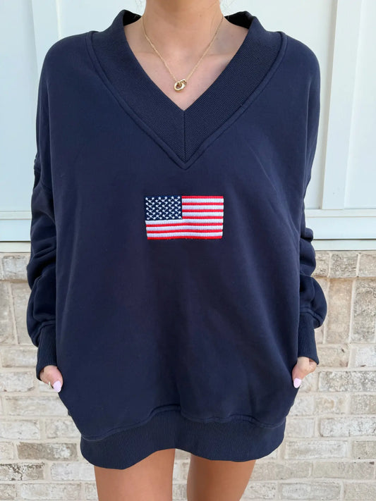American Flag Embroider V-Neck Sweatshirt