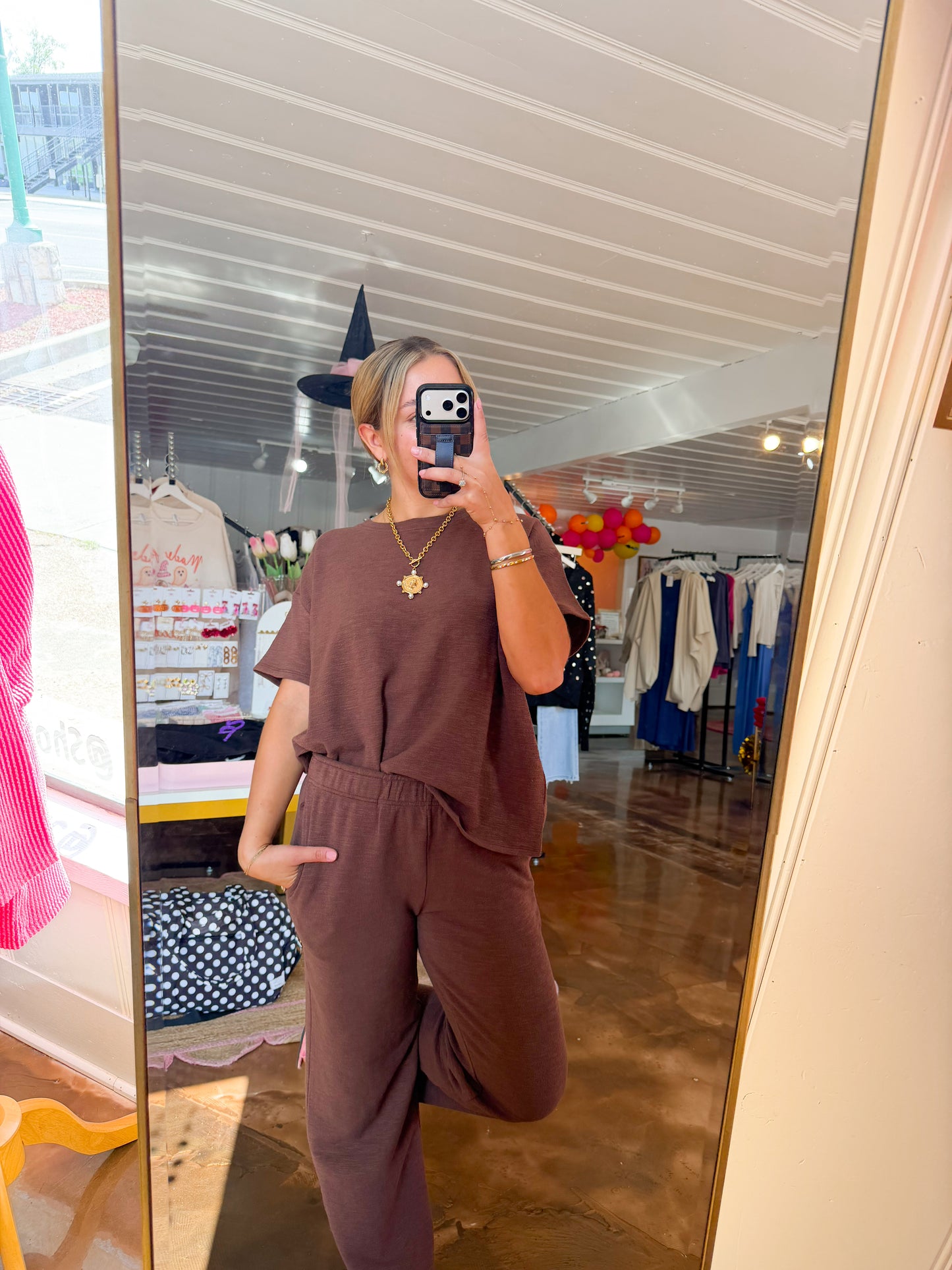 Slub Short Slv Top & Pants Brown