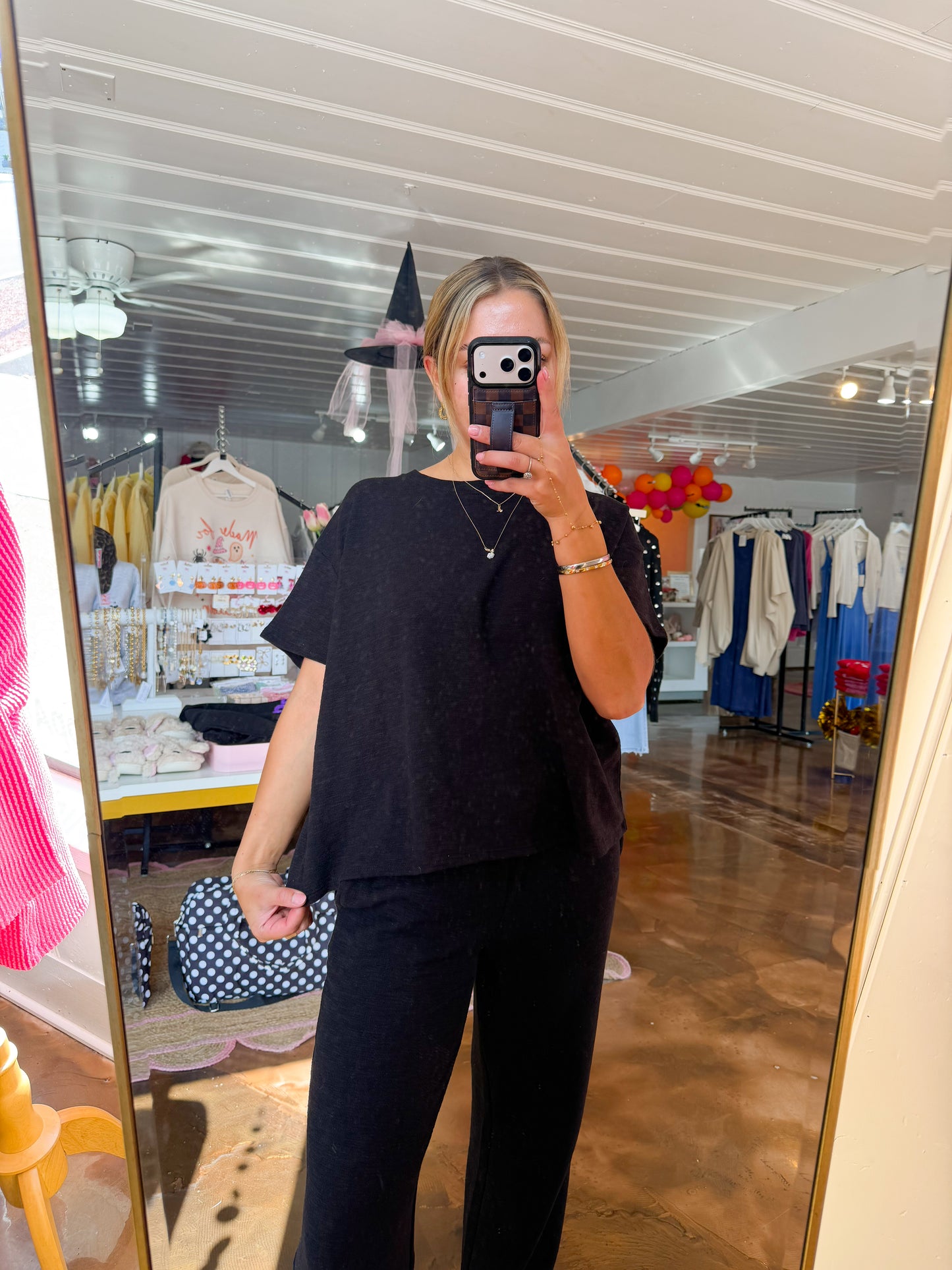 Slub Short Slv Top & Pants Black