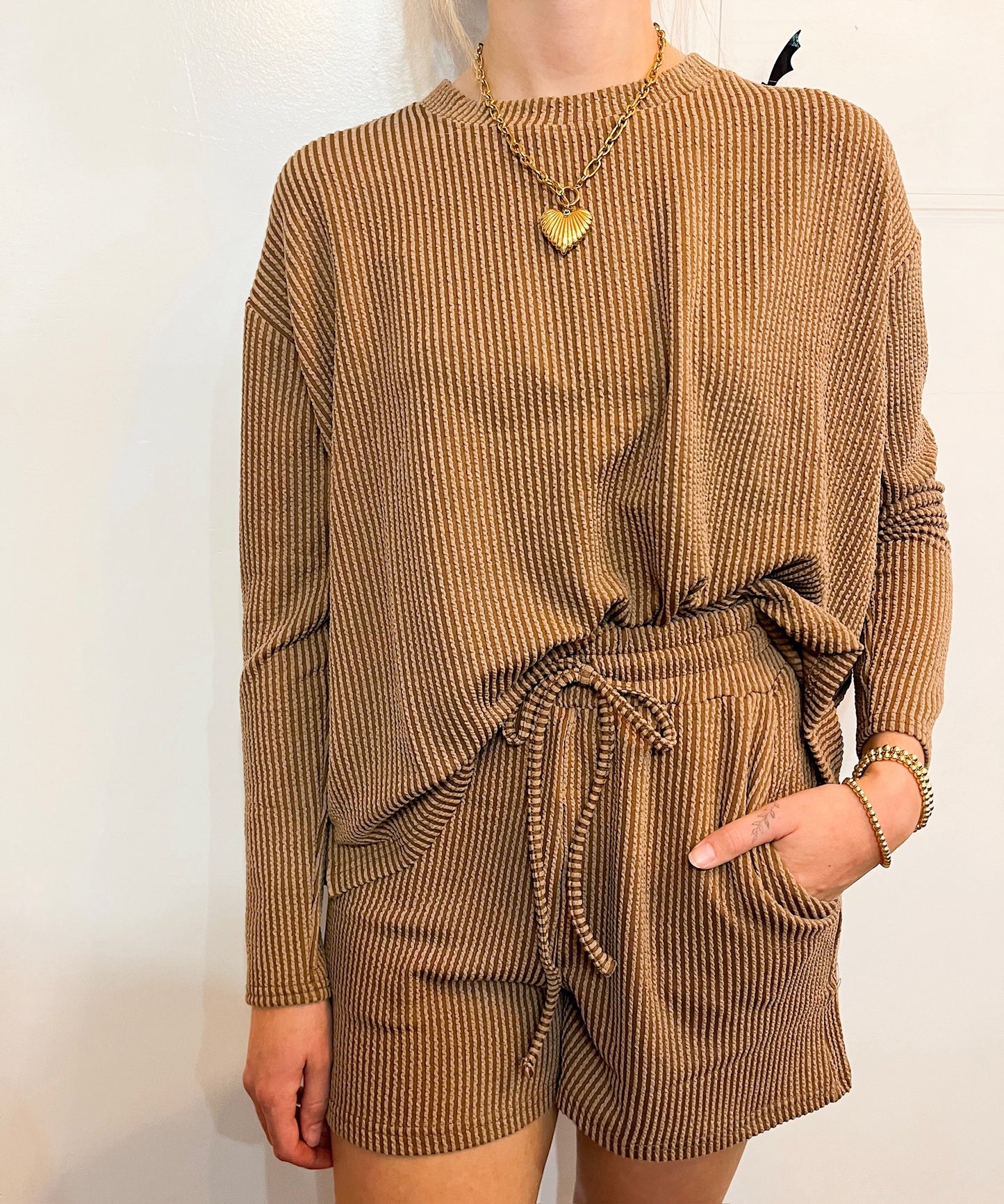 Rib Long Sleeve Tee & Shorts Set Brown