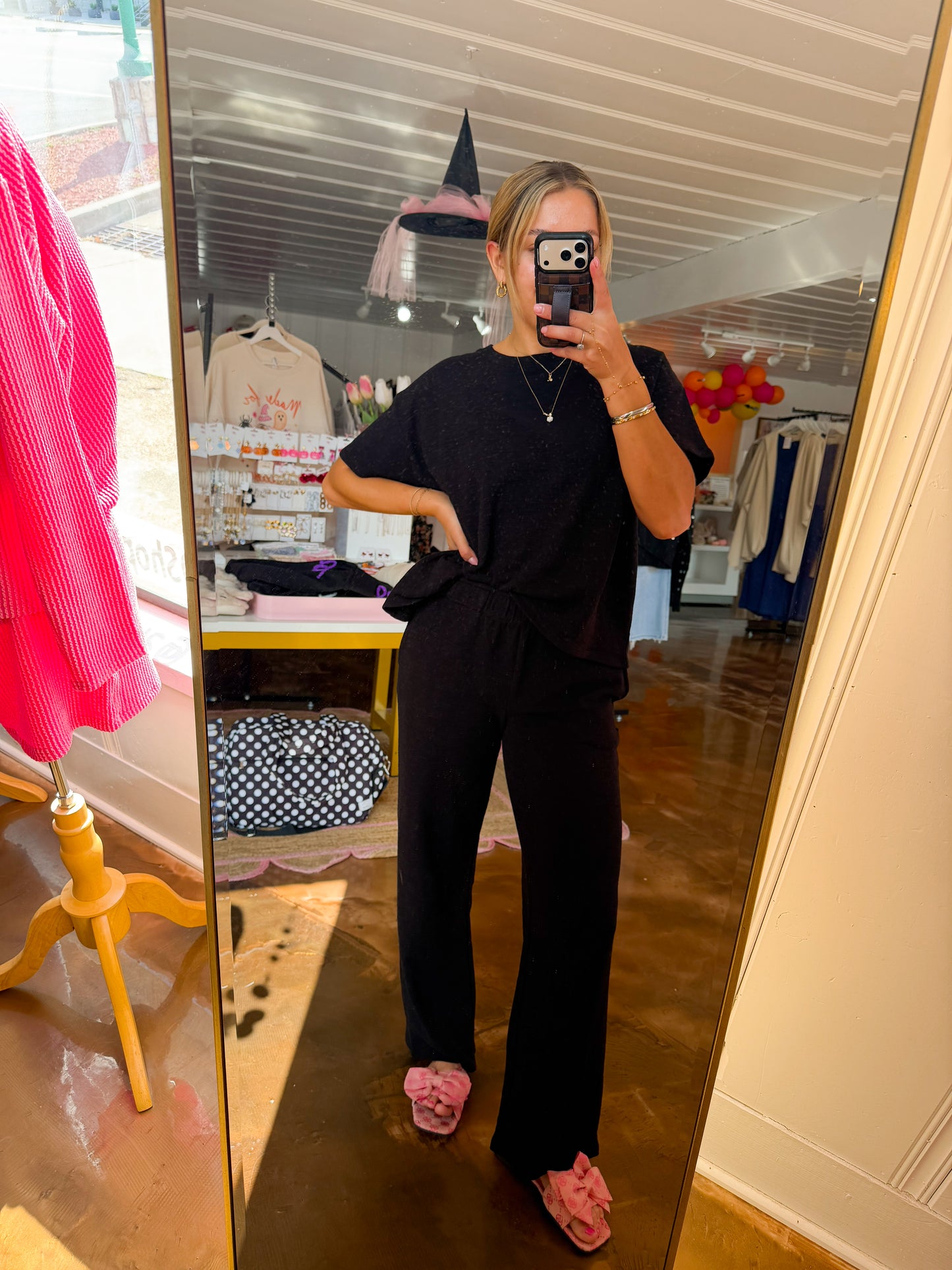 Slub Short Slv Top & Pants Black