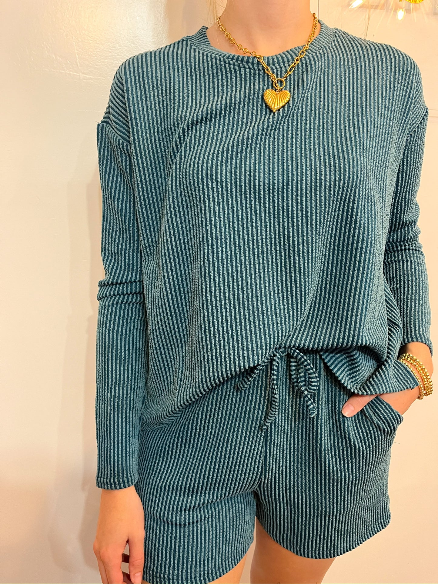 Rib Long Sleeve Tee & Shorts Set Teal