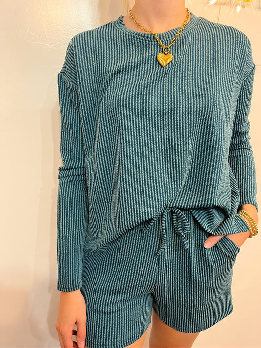 Rib Long Sleeve Tee & Shorts Set Teal