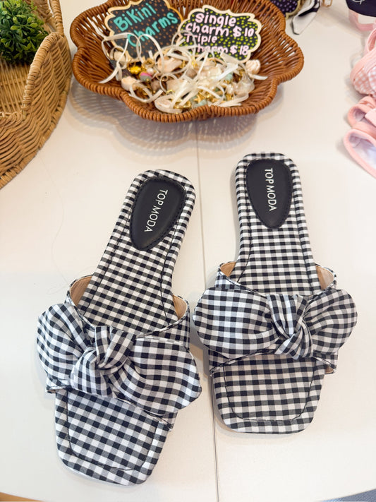 Gingham Bow Black Sandals