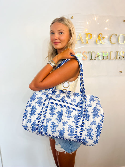 Blue Botanical Quilted Duffle Bag