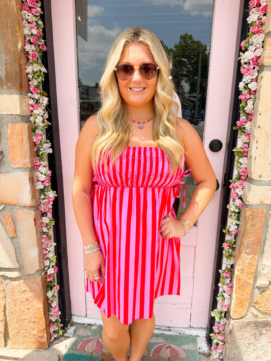Damon Striped Smocked Mini Dress Pink