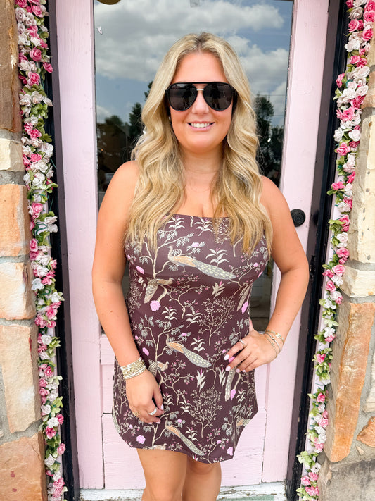 Botanical Bird Print Active Mini Dress