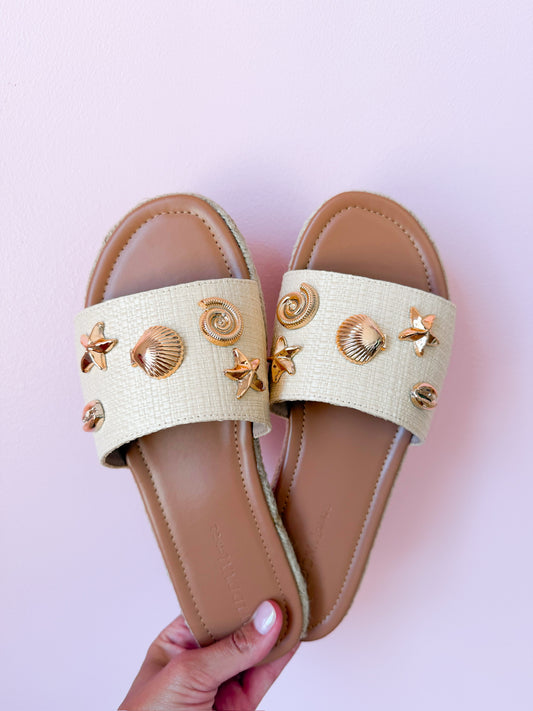 Raffia Espadrille Flat Slide Sandals with Shell