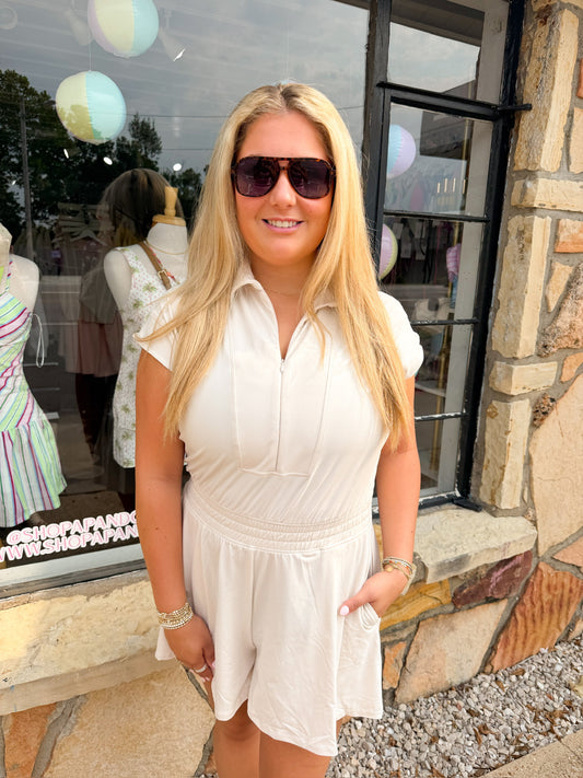 Butter Short Sleeve Quarter Zip Romper White