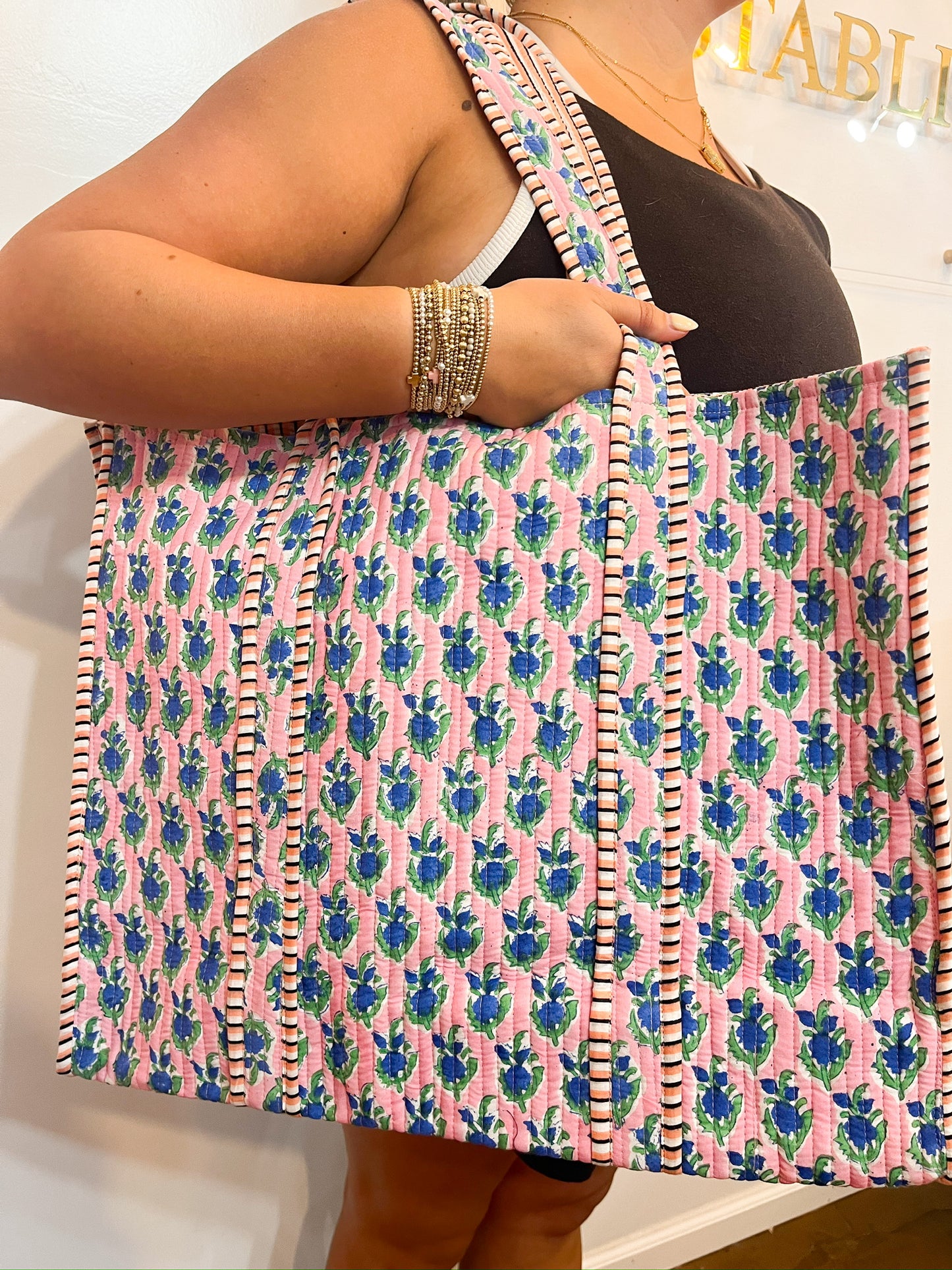 Quilted Block-Print Tote Bag Sky Blossom