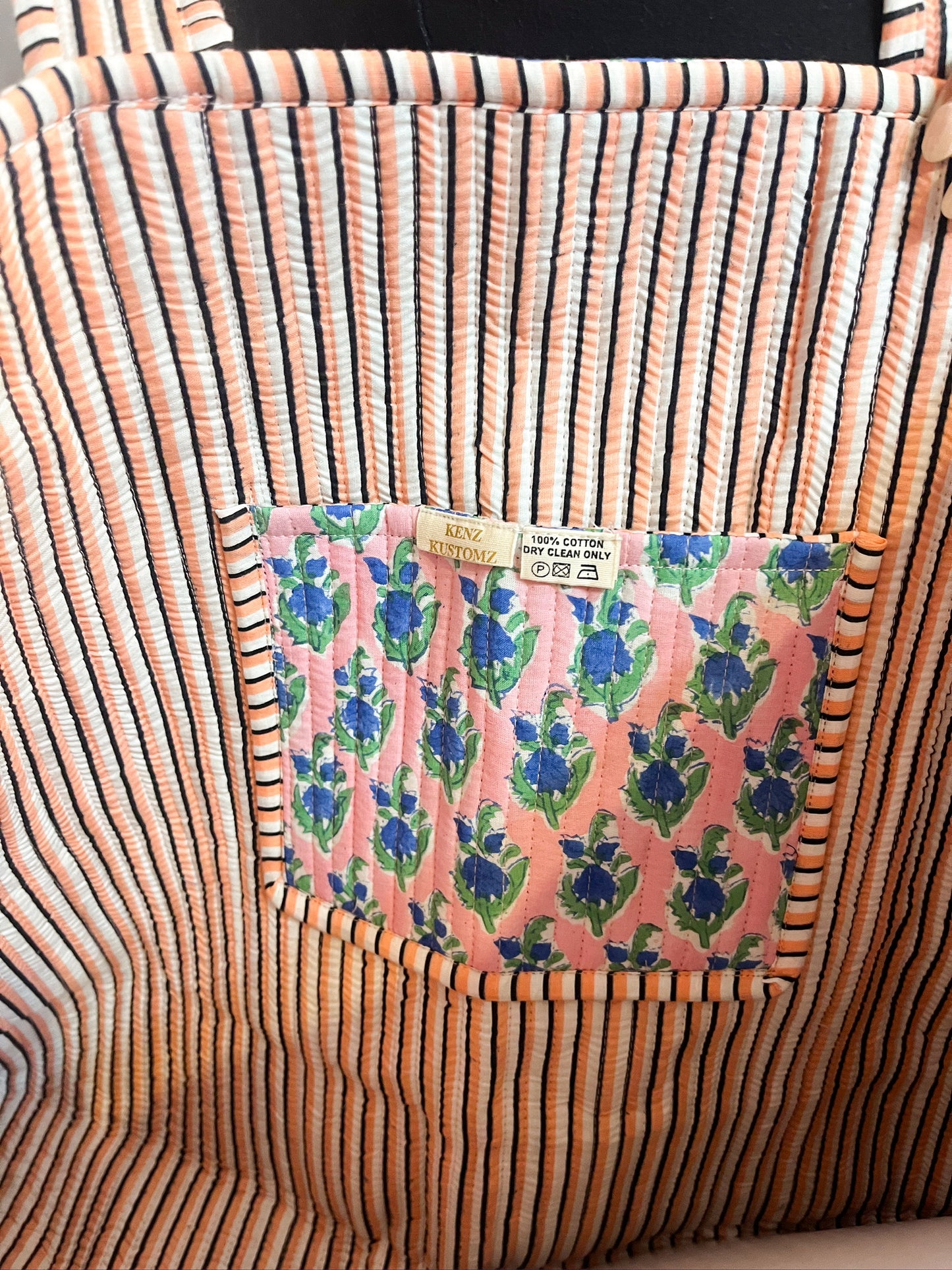 Quilted Block-Print Tote Bag Sky Blossom