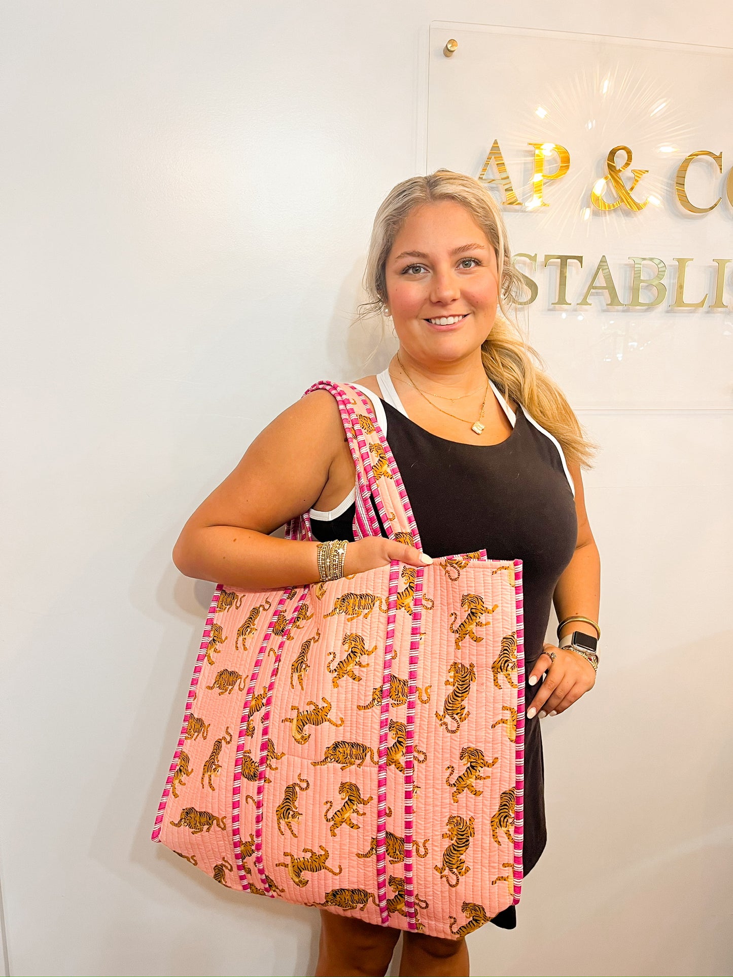 Quilted Block-Print Tote Bag Goldie