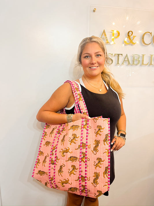 Quilted Block-Print Tote Bag Goldie