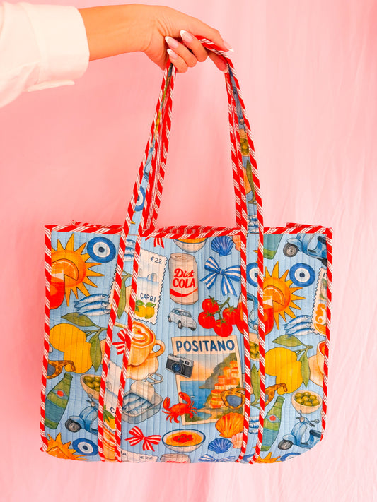 Blue Italian Getaway Quilted Tote