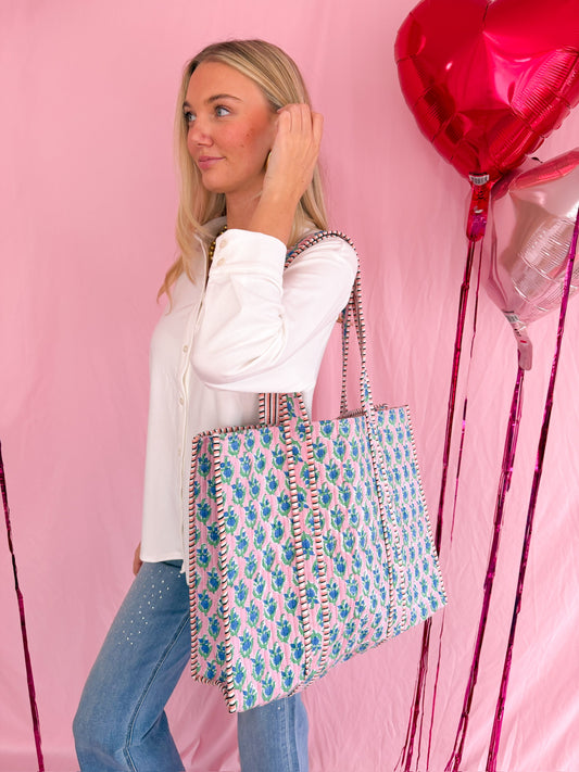 Quilted Block-Print Tote Bag Sky Blossom