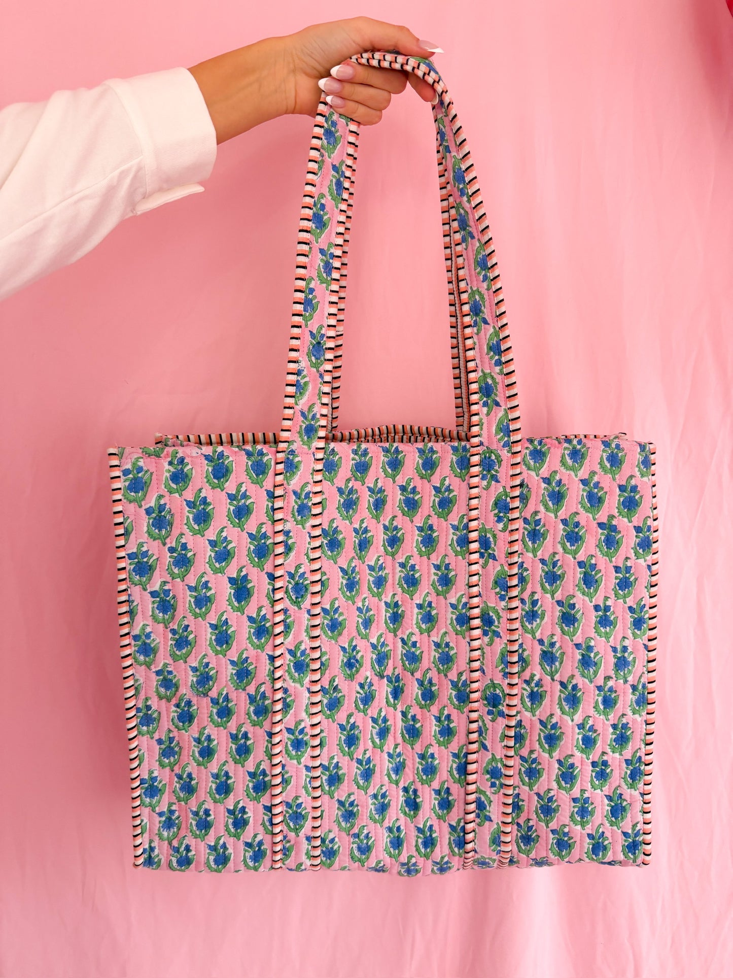 Quilted Block-Print Tote Bag Sky Blossom