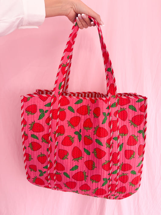 Pink Strawberry Bag Quilted Tote