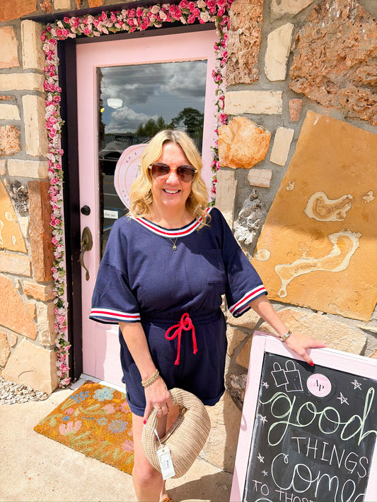 Becka Navy Ribbon Romper