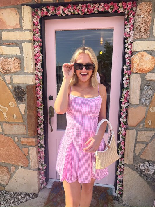 Rosette Gingham Flared Mini Dress