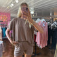 Corded Rib Short Sleeve Tee & Short Pants Set Brown
