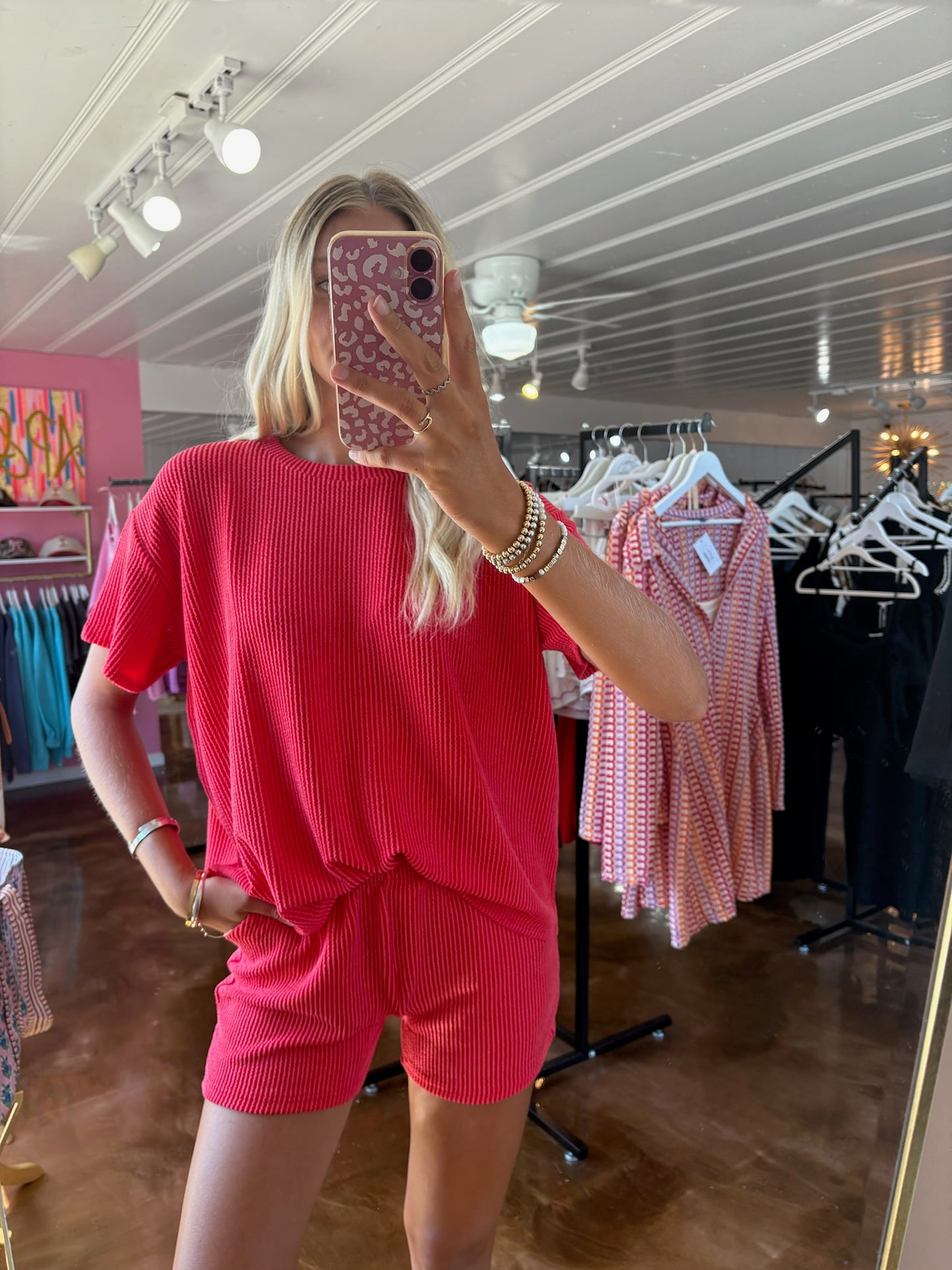 Corded Rib Short Sleeve Tee & Short Pants Set Ruby
