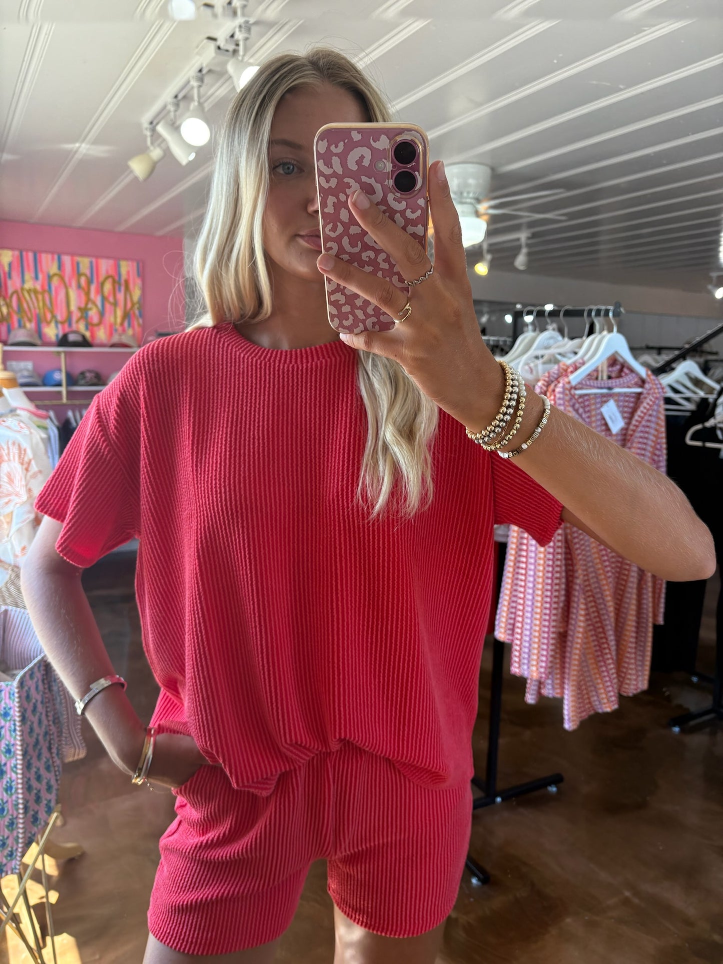 Corded Rib Short Sleeve Tee & Short Pants Set Ruby