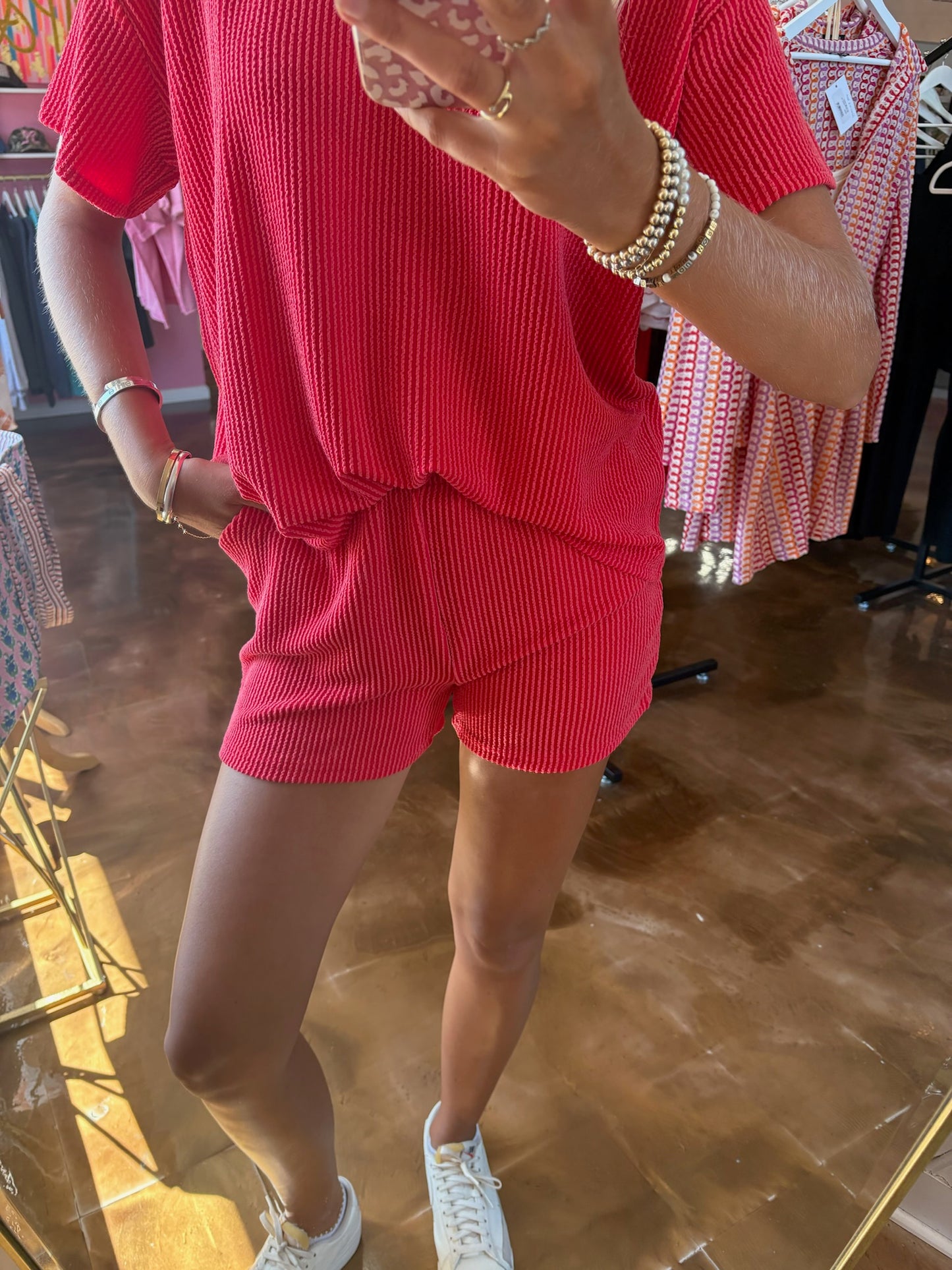 Corded Rib Short Sleeve Tee & Short Pants Set Ruby