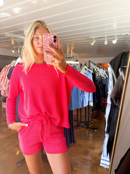 Rib Long Sleeve Tee & Shorts Set Ruby