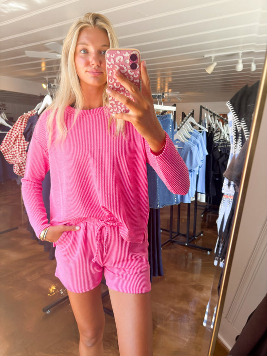 Rib Long Sleeve Tee & Shorts Set Fuchsia