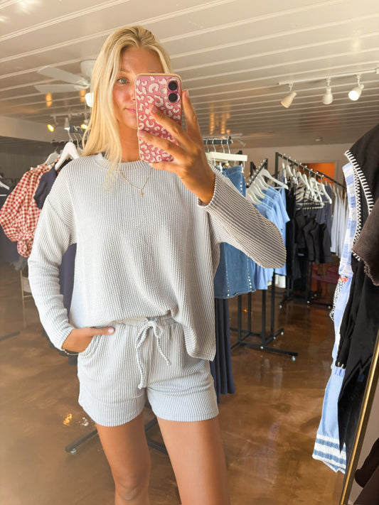 Rib Long Sleeve Tee & Shorts Set Silver