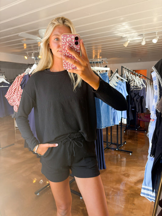 Rib Long Sleeve Tee & Shorts Set Black