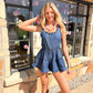 Ocean Denim Ruffle Strap Open-back Romper